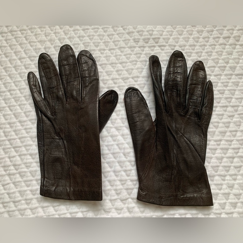 Vintage Brown Grandoe Silk Lined Wrist Length Leather Gloves Size 6.5 - Picture 2 of 5
